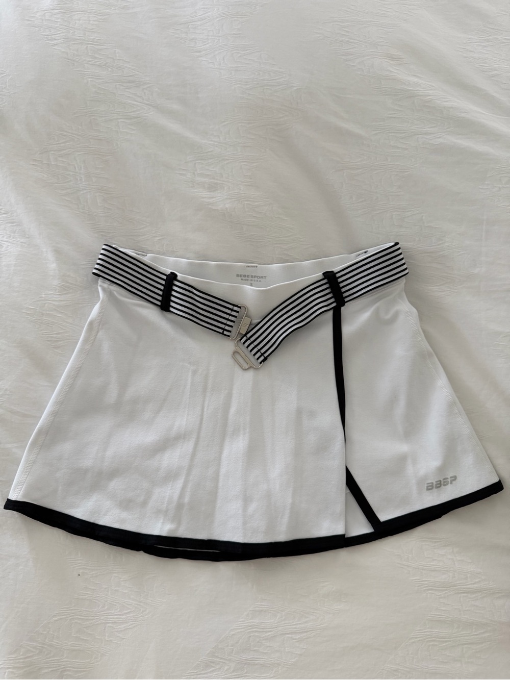 bebe White Skater Tennis Skirt with Black Trim and Striped Belt
